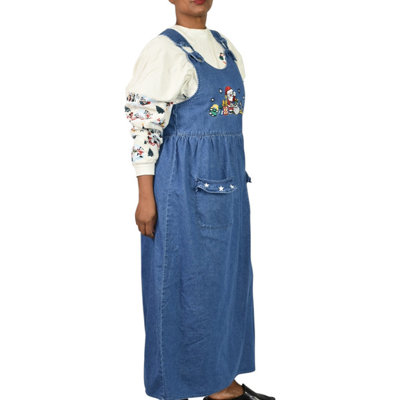 Vintage Christmas Dress Blue Jean Pinafore Bib Overall Jumper Santa Maxi Small - Picture 6 of 13